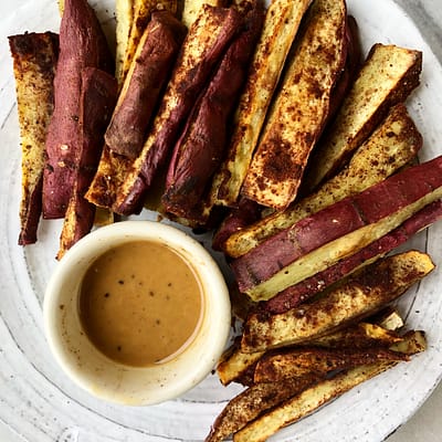 Vanilla Bean + Cinnamon Roasted Japanese Sweet Potato Fries with Dairy-free Honey Butter Dip