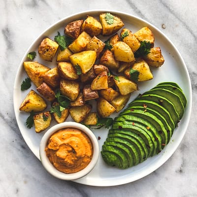 Crispy Breakfast Potatoes with Plant Based Buffalo Style Dip