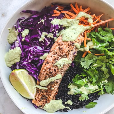 Creamy Cilantro Forbidden Rice + Salmon Power Bowl