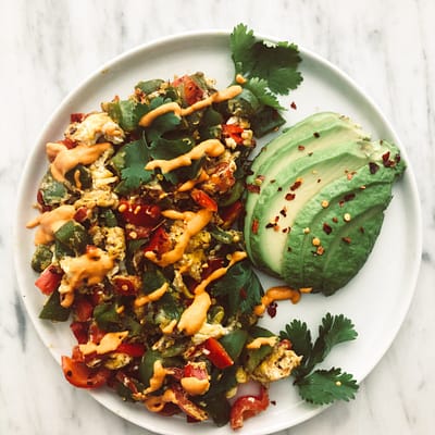 Quick and Easy Bell Pepper Egg Scramble with Creamy Plant Based Queso