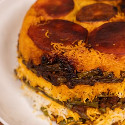 Persian Green Bean Rice with Ground Beef (Lubia Polo ba Gooshte Charkh Kardeh or لوبیا پلو)
