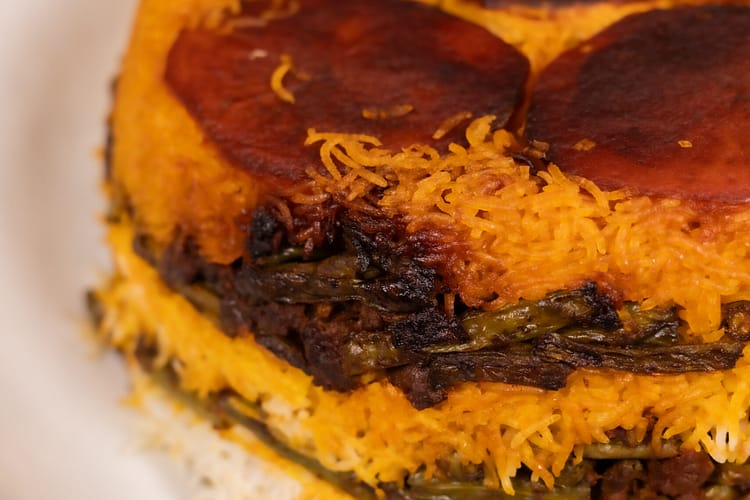 Persian Green Bean Rice with Ground Beef (Lubia Polo ba Gooshte Charkh Kardeh or لوبیا پلو)