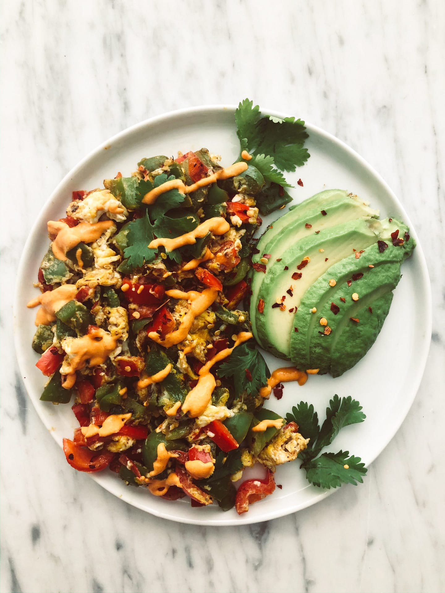 Quick and Easy Bell Pepper Egg Scramble with Creamy Plant Based Queso